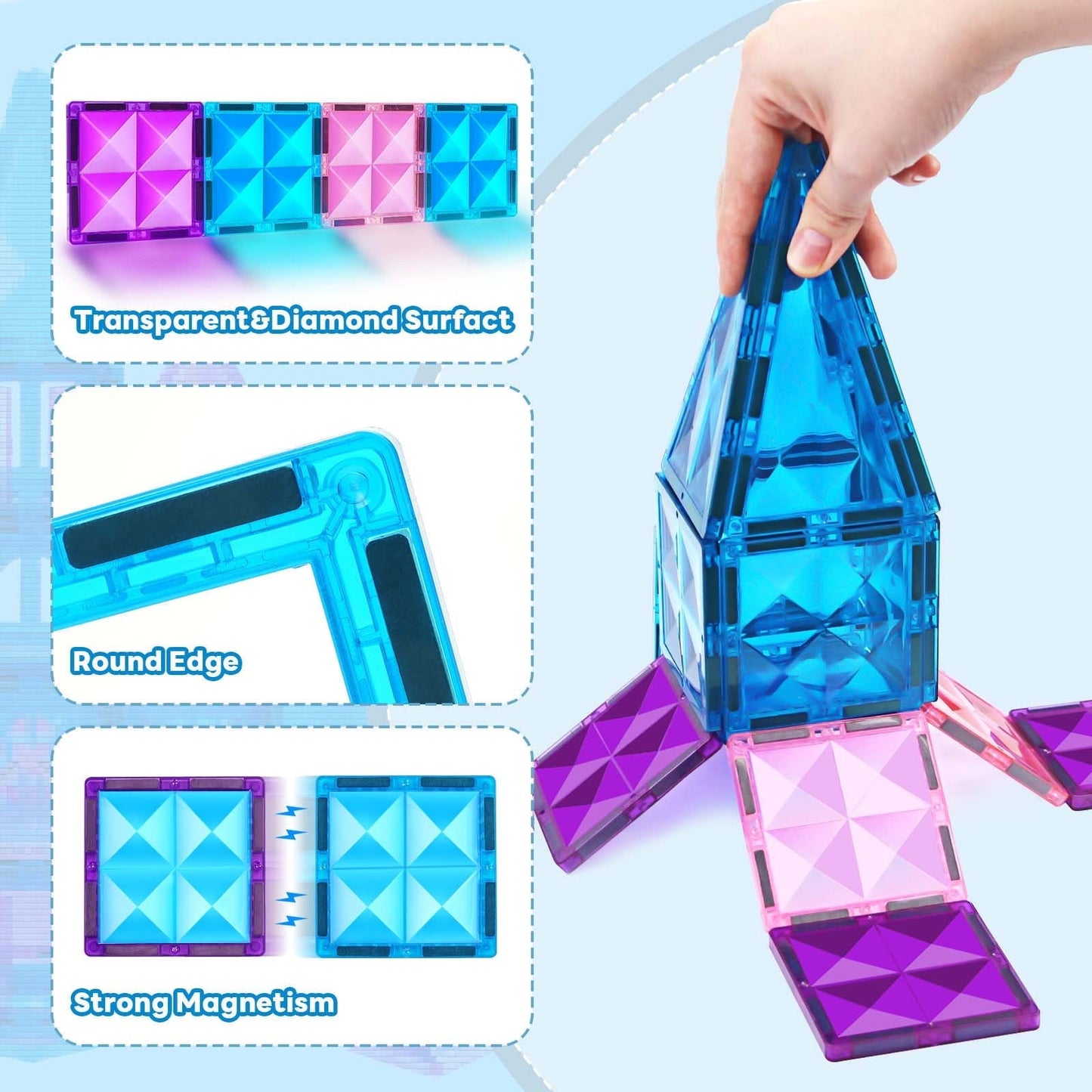 Ucradle Magnetic Tiles, 102 Pieces, 3D Magnetic Building Blocks for Kids, STEM Certified | Ages Children to Adult 3+
