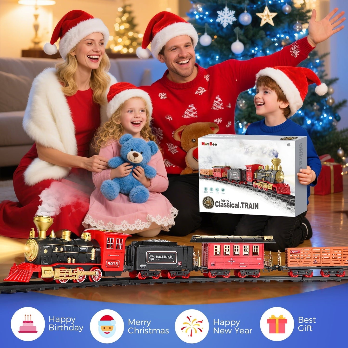 Flooyes Train Set for Boys Girls, Classic Train Toys with Smoke, Light & Sound,Under the Christmas Tree Toy Train Set, Christmas Birthday Gift for Kids 3+ Years Old