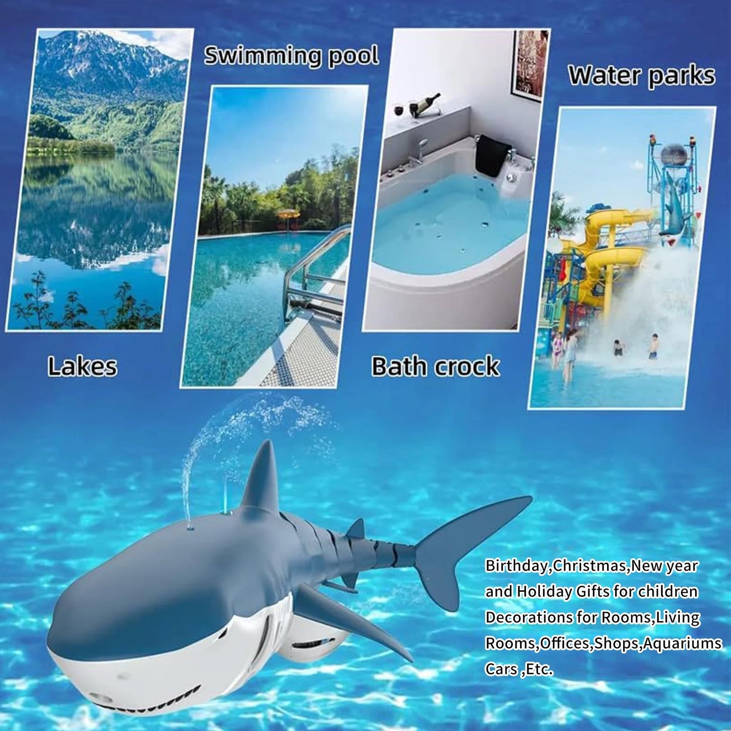Lvelia 2.4Ghz Remote Control Shark Toys for Boys Girls,1:18 Scale High Simulation Shark for Pool, Electric RC Shark Fish Toys with Light & Spray Water Function for Kids Ages 6+,Blue
