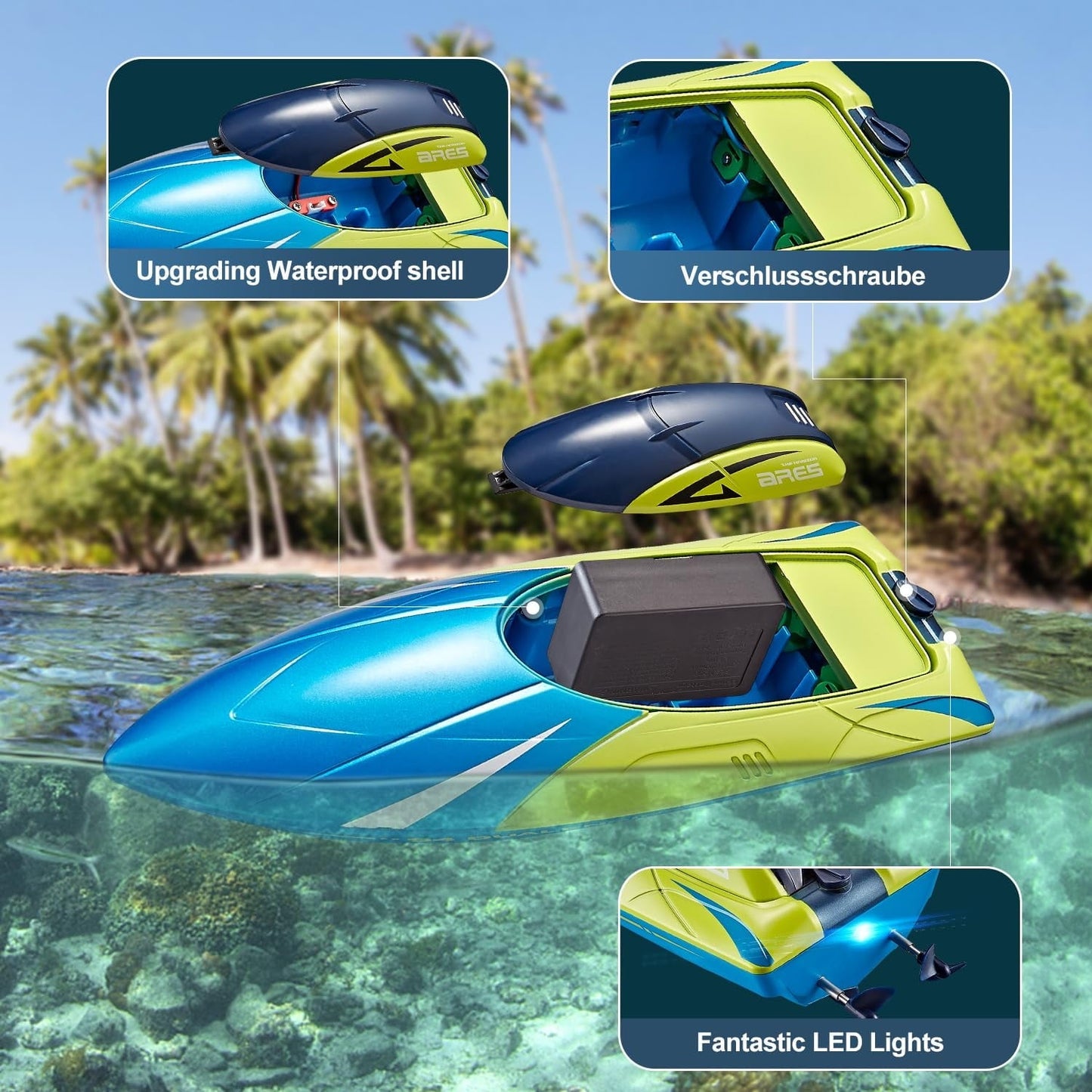 Anpro RC Boat for Pools and Lakes, 2.4G High Speed Waterproof Remote Control Boat with 2 Rechargeable Batteries, Racing Boats for Kids & Adults, Gifts for Boys Girls, Blue