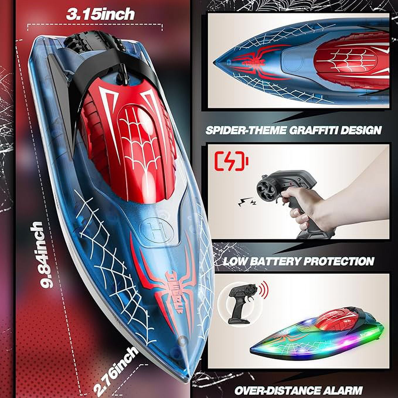 JoyStone RC Boat for Pools and Lakes, 2.4G 15+ MPH Fast Remote Control Boat with LED Lights, Racing Boats for Kids & Adults with 2 Rechargeable Battery, Gifts for Boys Girls (Red)