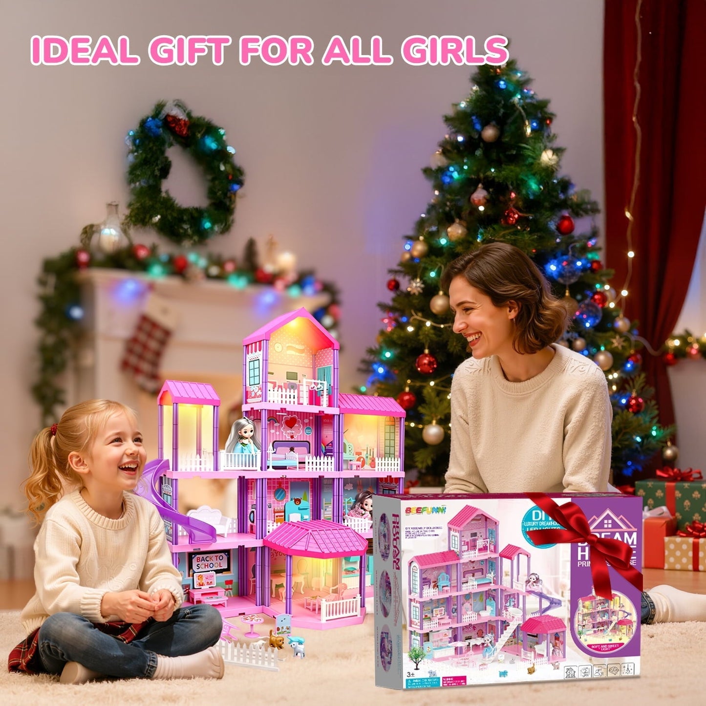 Hot Bee 36 inch Dollhouse Playset Girl Toys, 11 Rooms with Doll Toy Figures Toddler Playhouse Christmas Birthday Gifts for 3 4 5 6 7 Year Old Girls