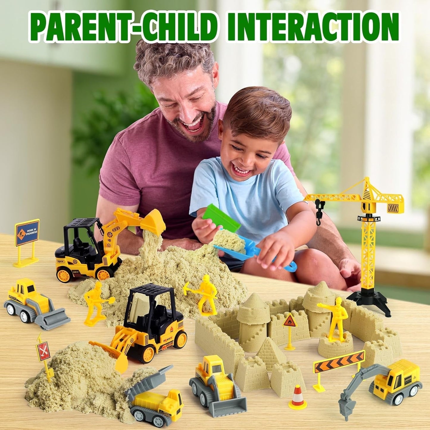 Billeeit Sand Construction Kit with 2.2lbs Play Sand, Large Foldable Sandbox, Construction Trucks, Castle Molds, and 36PCS Total Accessories, Creative Sand Play Set for Kids Ages 3+