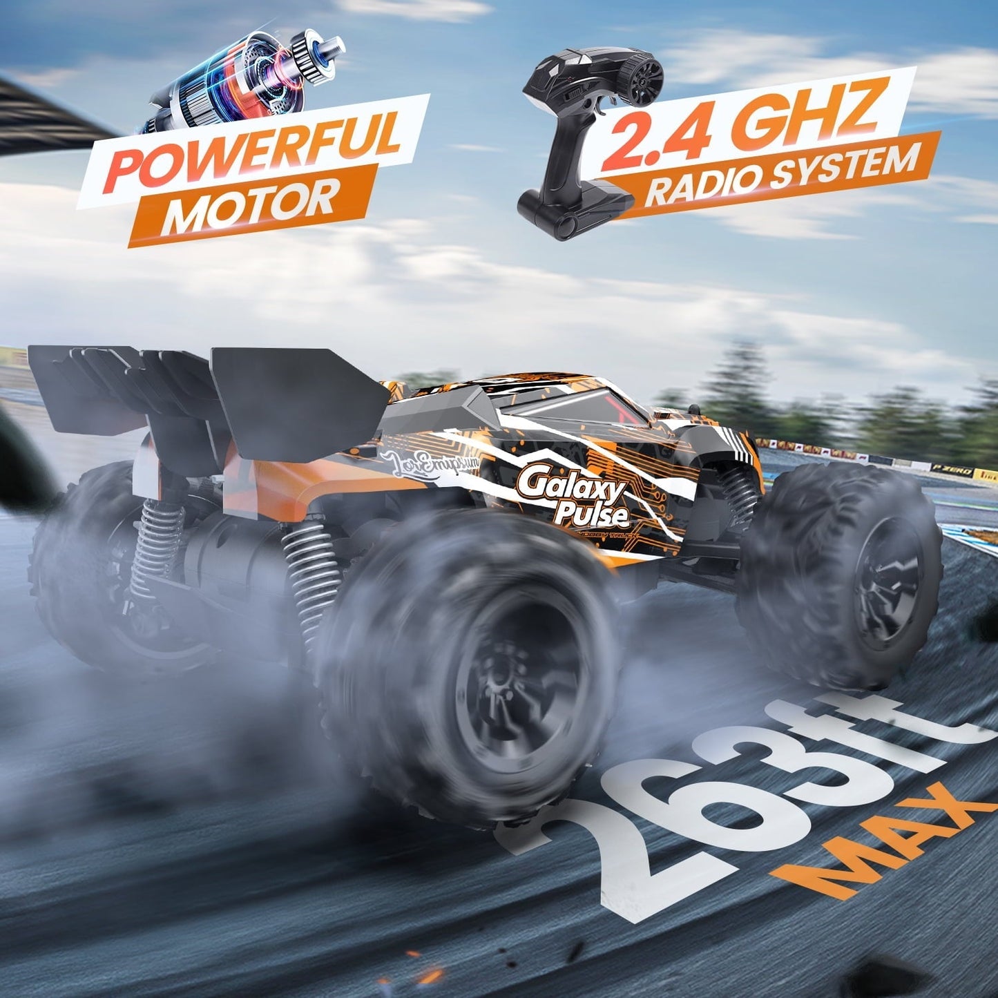 JoyStone Remote Control Car, 1:18 Remote Control Monster Truck All-Terrain 2.4GHz RC Cars W/ 2 Batteries for Kids Toys Gift, Black & Orange