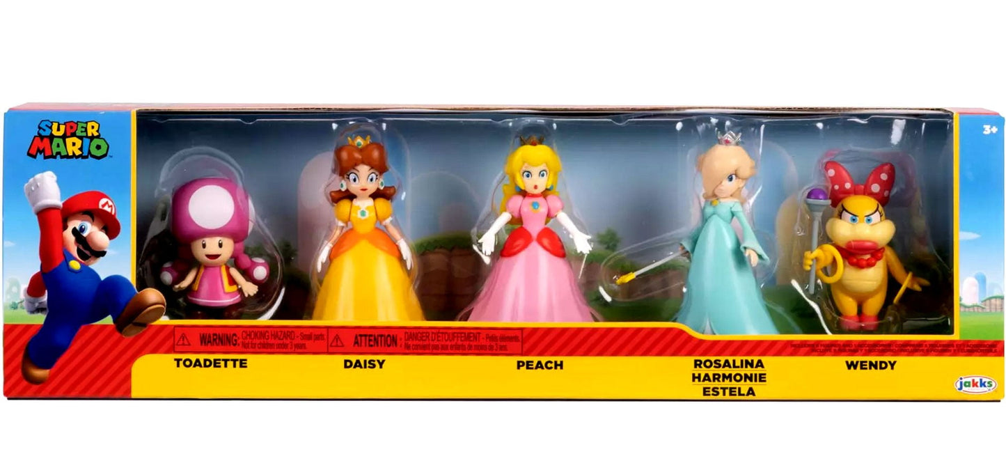World of Nintendo Super Mario Princess Peach, Rosalina, Daisy, Toadette & Wendy Koopa Mini Figure 5-Pack