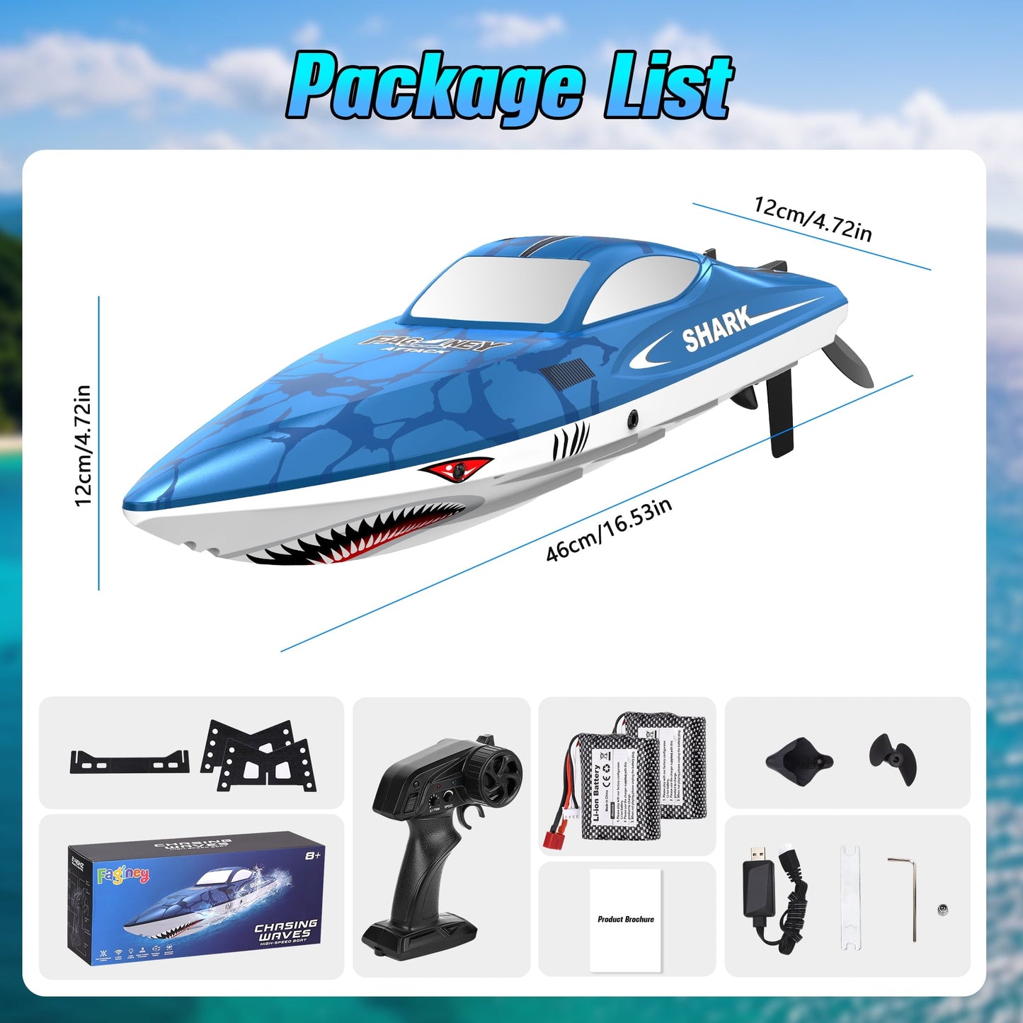 FAGINEY Brushless RC Shark Boat for Kids Adults, 34 mph (55 Kph) 2.4GHz Fast Remote Control Boat with Self-Righting, LED Lights