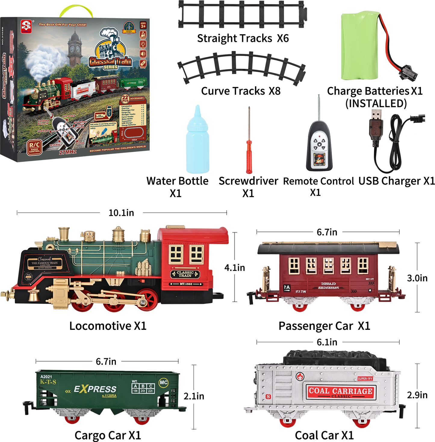 Train Set Toy, Remote RC Train Set Locomotive Rechargeable W/ Smoke, Lights, Sounds Railway for Boys Girls Age 3 4 5 6 + Kids