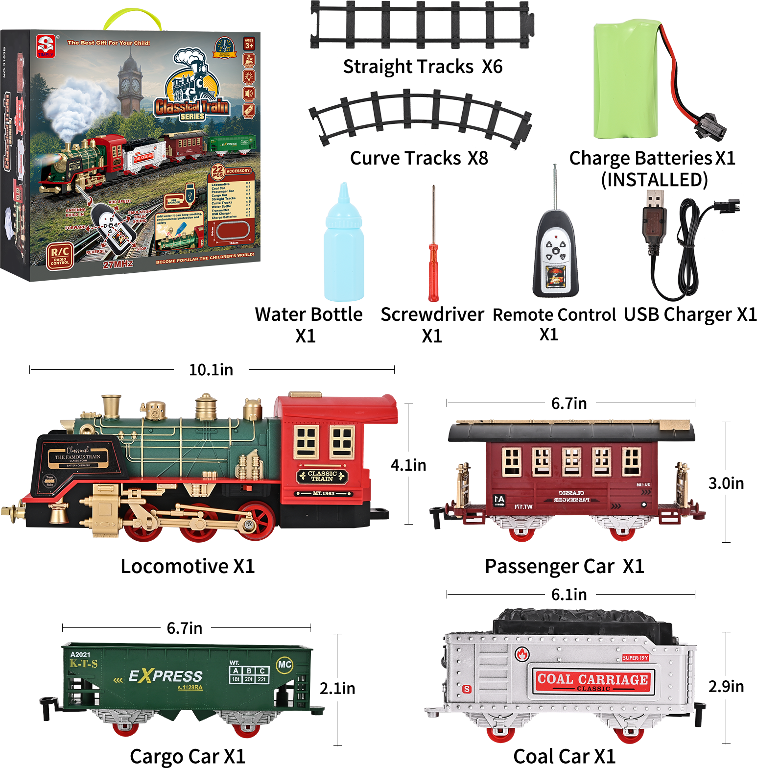 Train Set Toy, Remote RC Train Set Locomotive Rechargeable W/ Smoke, Lights, Sounds Railway for Boys Girls Age 3 4 5 6 + Kids