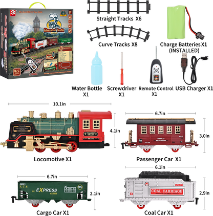 Train Set Toy, Remote RC Train Set Locomotive Rechargeable W/ Smoke, Lights, Sounds Railway for Boys Girls Age 3 4 5 6 + Kids