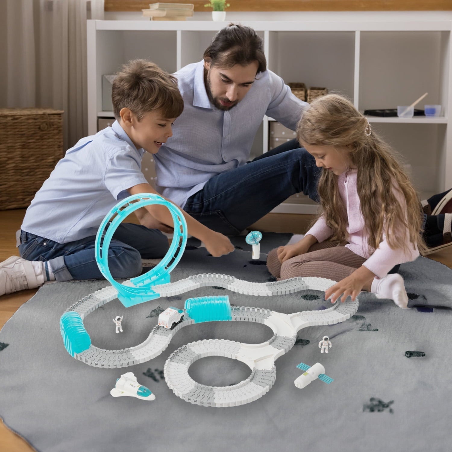 Petbank Space Toys for Kids, 233PCS STEM Train Toys with Light up Car and 2 Astronaut Dolls, DIY Flexible Race Track Birthday Xmas Gifts Set for Girls & Boys Aged 3-10