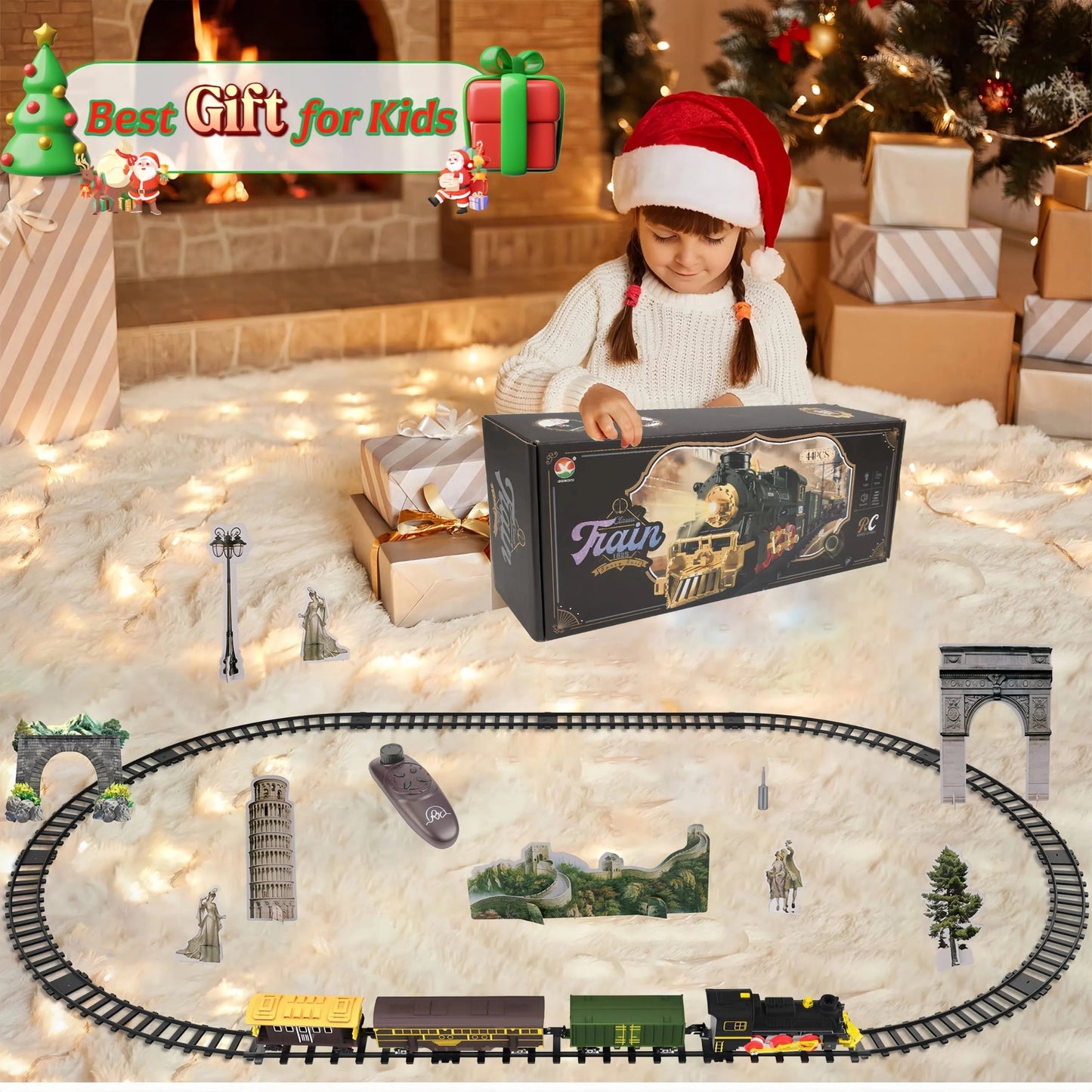 Teblint Train Set Toy with Remote Control, Electric Toy Train with Smoke, Lights & Sound, Rechargeable Steam Locomotive Engine Train Toy for 3 4 5 6 7 8+ Years Old Kids, Christmas Birthday Gift