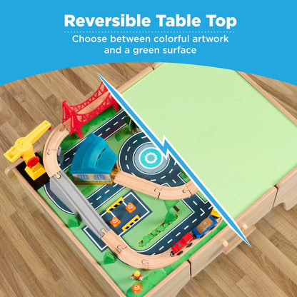 Best Choice Products Wooden Train Set Table for kids, 56pc Multi-Activity Table for Kids w/Toy Storage Drawer & Reversible Top - Natural