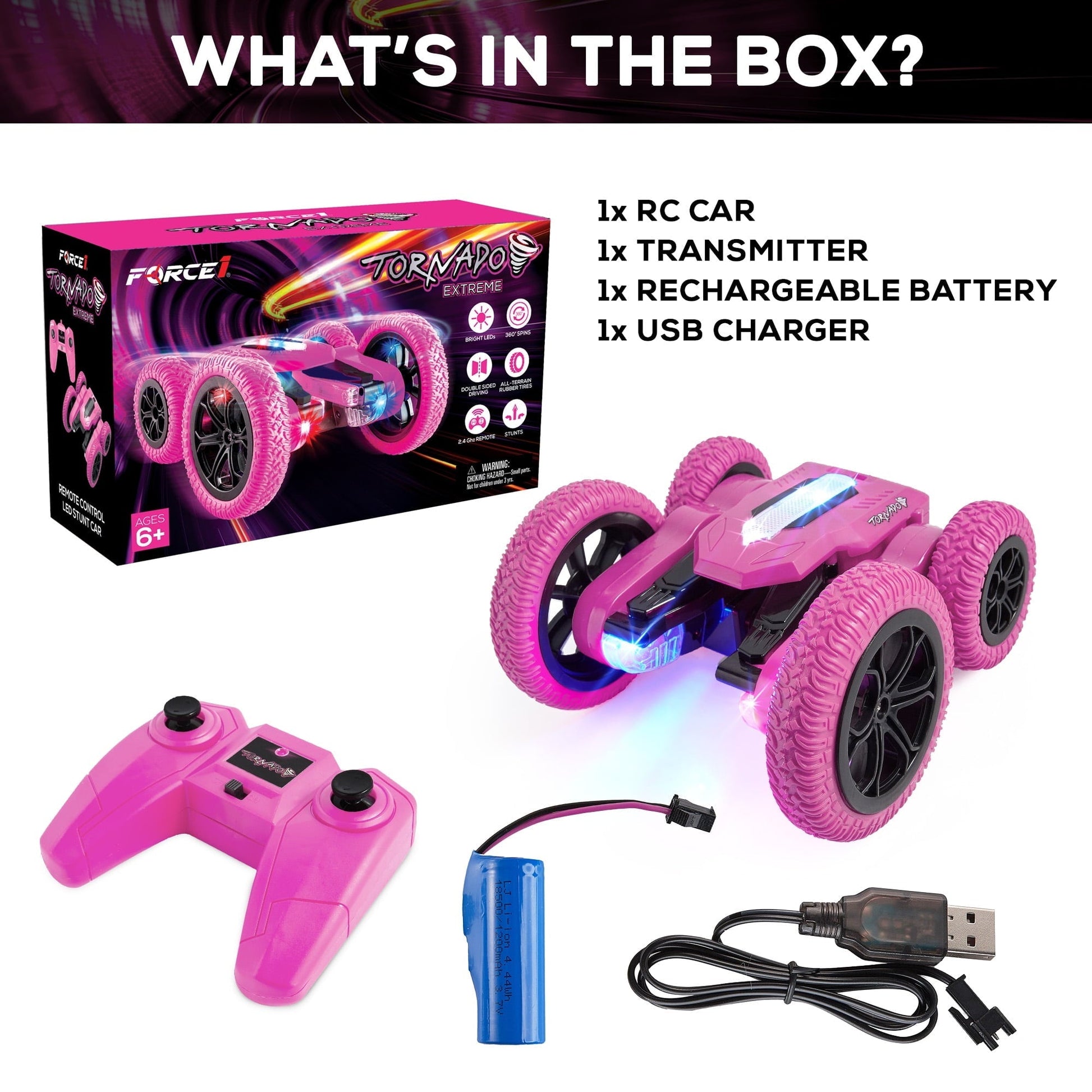 USA Toyz Tornado Extreme RC Car off-Road Rechargeable Toys Bright LEDs for Boys & Girls Age 6+ (Pink)