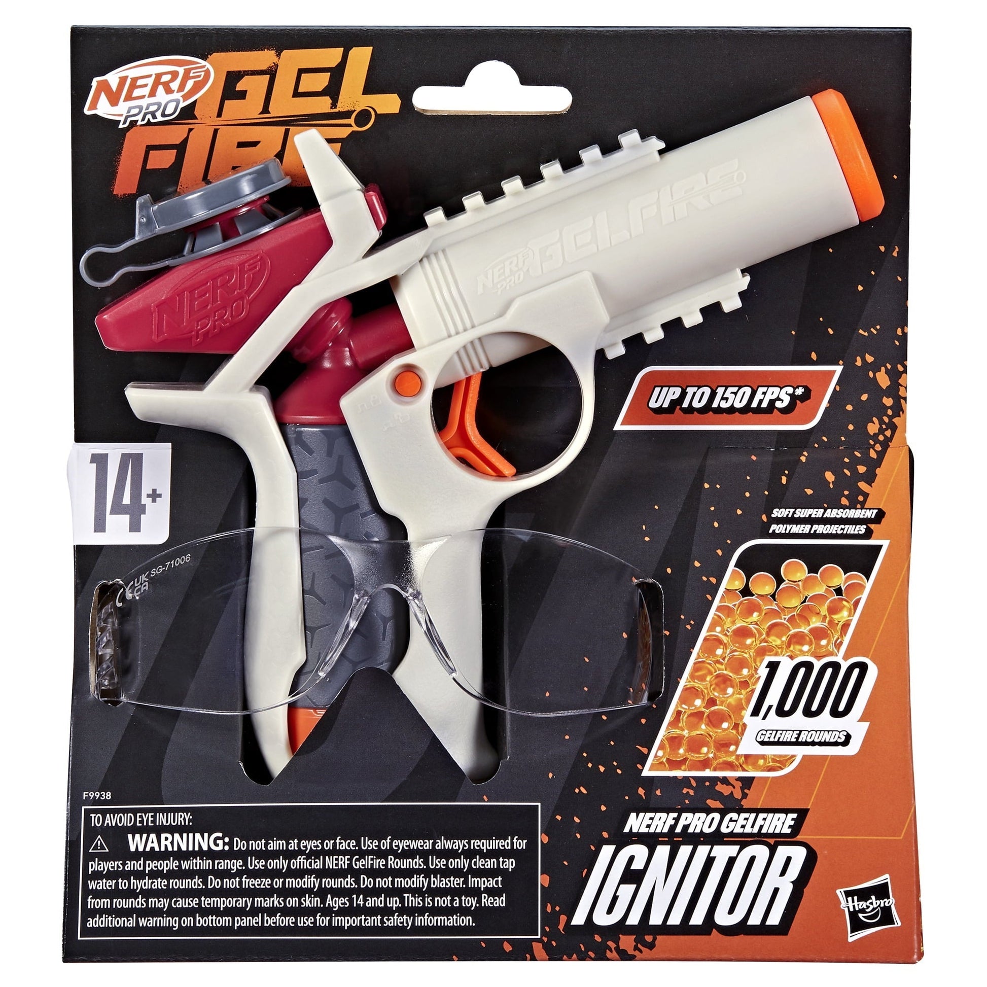Nerf Pro Gelfire Ignitor Blaster, 1,000 Gelfire Rounds, 60 Round Capacity, T-Pull Priming, Eyewear