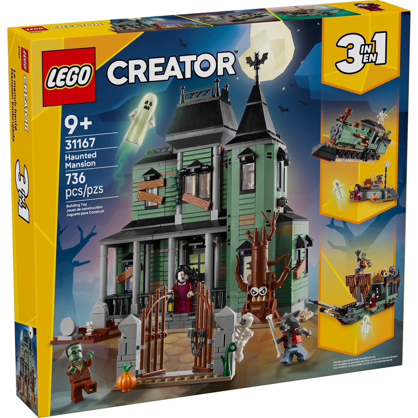 LEGO Creator 3 in 1 Haunted Mansion Building Toy for Kids - Halloween Building Blocks & Learning Toy for Girls & Boys, Ages 9+ - Build a Haunted House, Train, or Ship - Gift for Birthdays - 31167