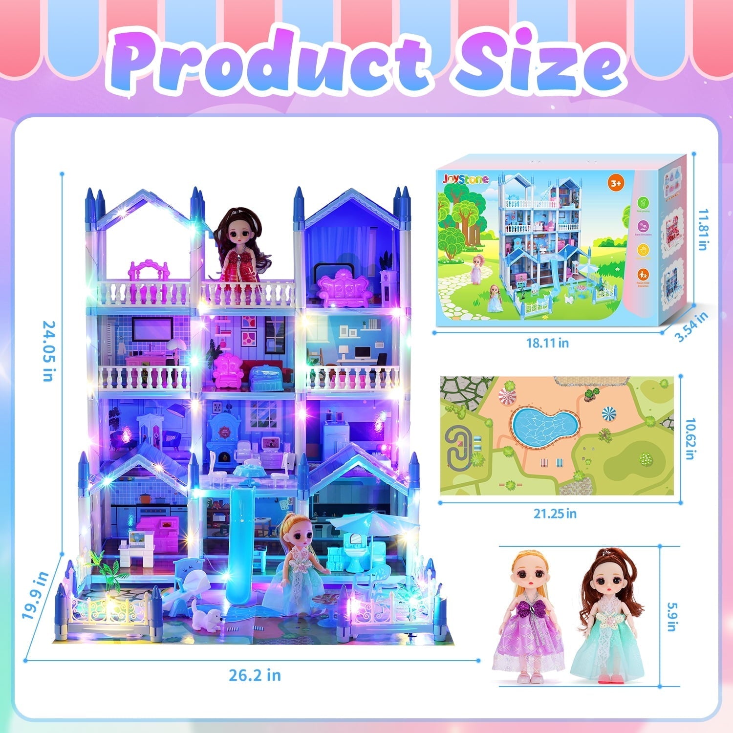 JoyStone Play Dollhouse with Doll Toy Figures, 14 Rooms Furniture and Colorful Lights, Creative Doll House Gift for Girls Ages 3+, Assemble Required, Pink