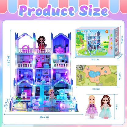JoyStone Play Dollhouse with Doll Toy Figures, 14 Rooms Furniture and Colorful Lights, Creative Doll House Gift for Girls Ages 3+, Assemble Required, Pink