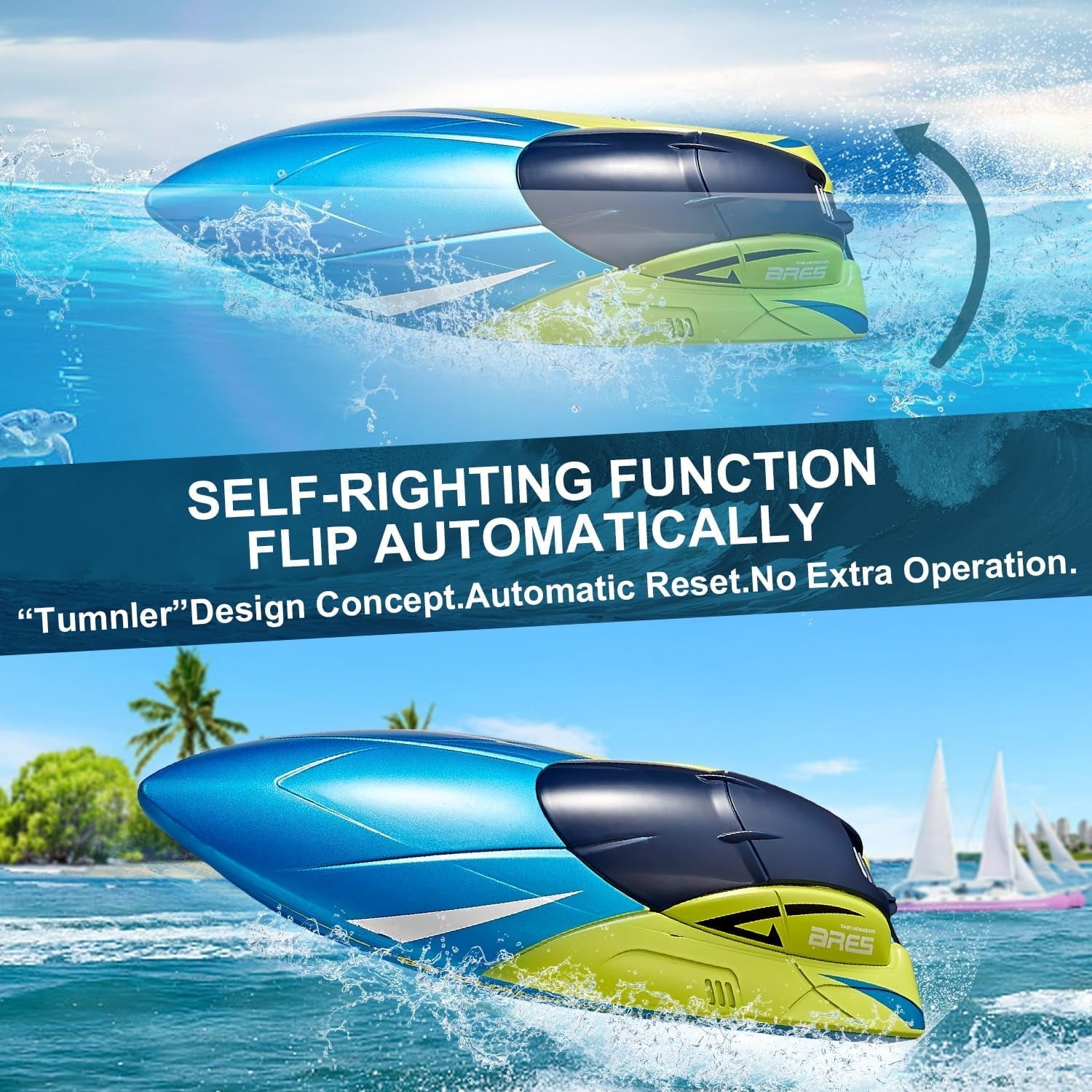 Anpro RC Boat for Pools and Lakes, 2.4G High Speed Waterproof Remote Control Boat with 2 Rechargeable Batteries, Racing Boats for Kids & Adults, Gifts for Boys Girls, Blue