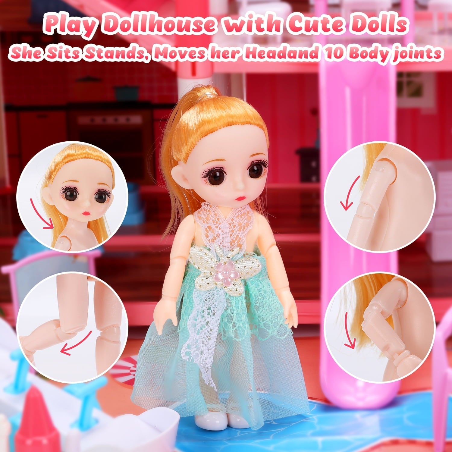 JoyStone Play Dollhouse with Doll Toy Figures, 14 Rooms Furniture and Colorful Lights, Creative Doll House Gift for Girls Ages 3+, Assemble Required, Pink