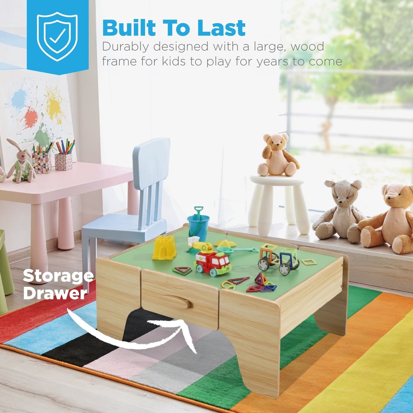 Best Choice Products Wooden Train Set Table for kids, 56pc Multi-Activity Table for Kids w/Toy Storage Drawer & Reversible Top - Natural
