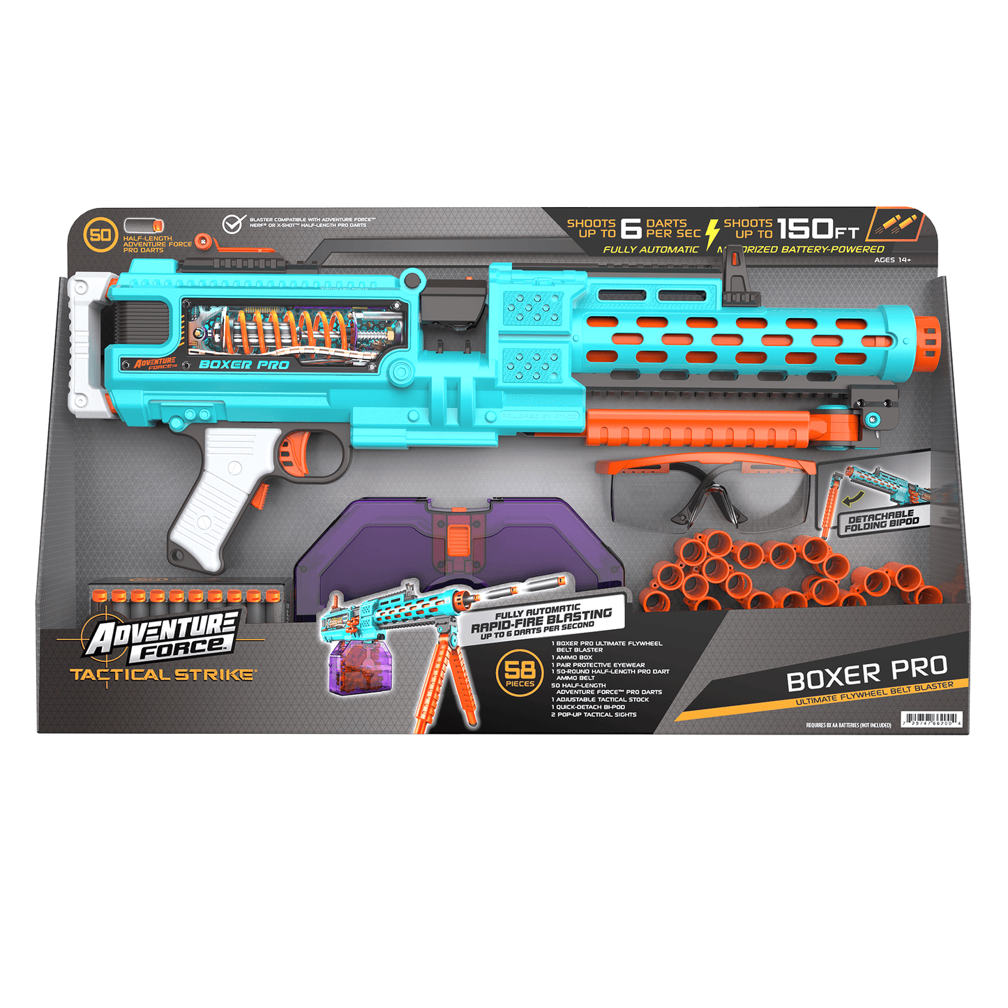 Adventure Force Tactical Strike Boxer Pro Ultimate Pro Flywheel Full-Auto Motorized Belt Blaster, Shoots Up to 150 FT, 55-Piece Pro Blaster Set up to 6 Rounds per Second, 14+