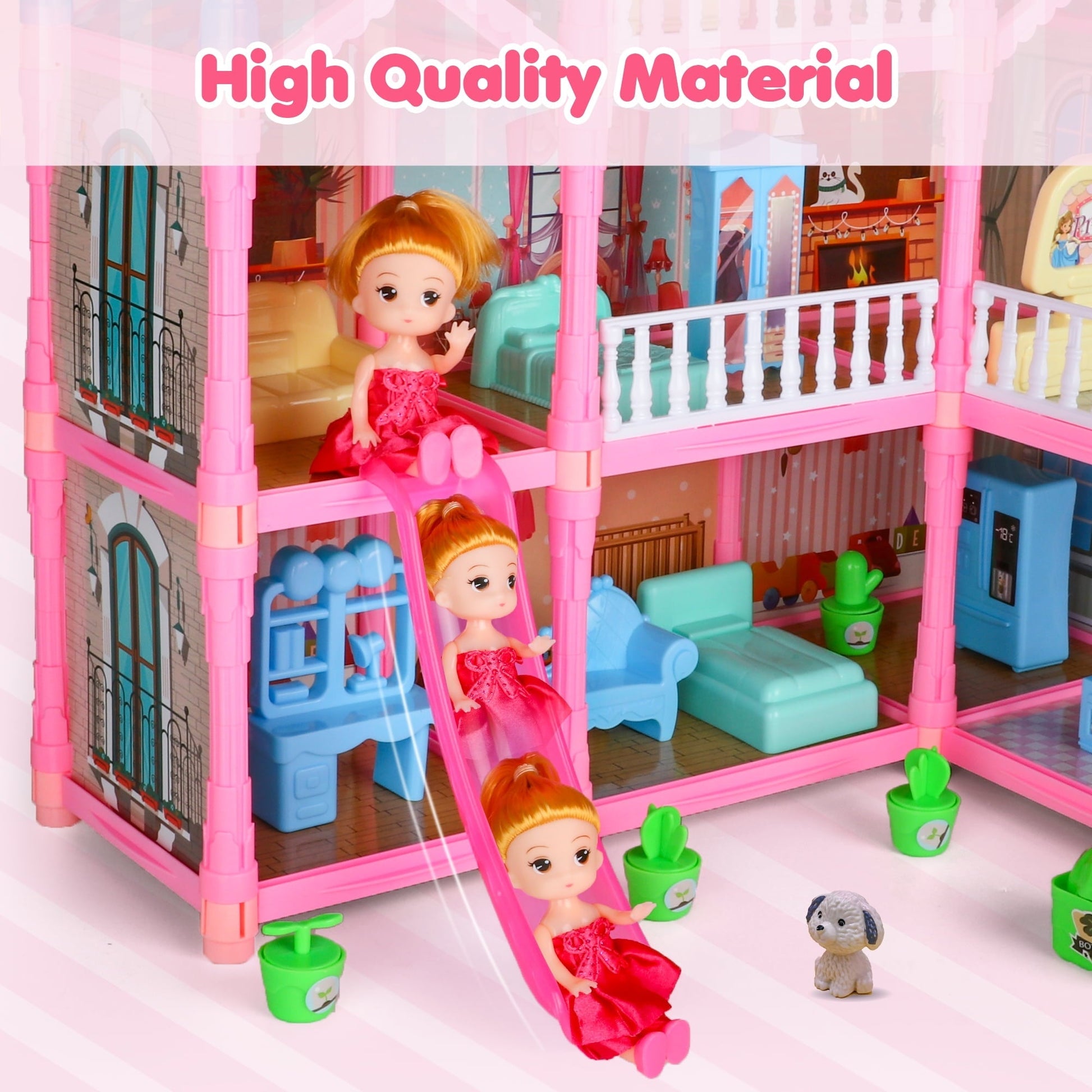 Hot Bee Girls Dollhouse with Slide, Pink, 16.7''