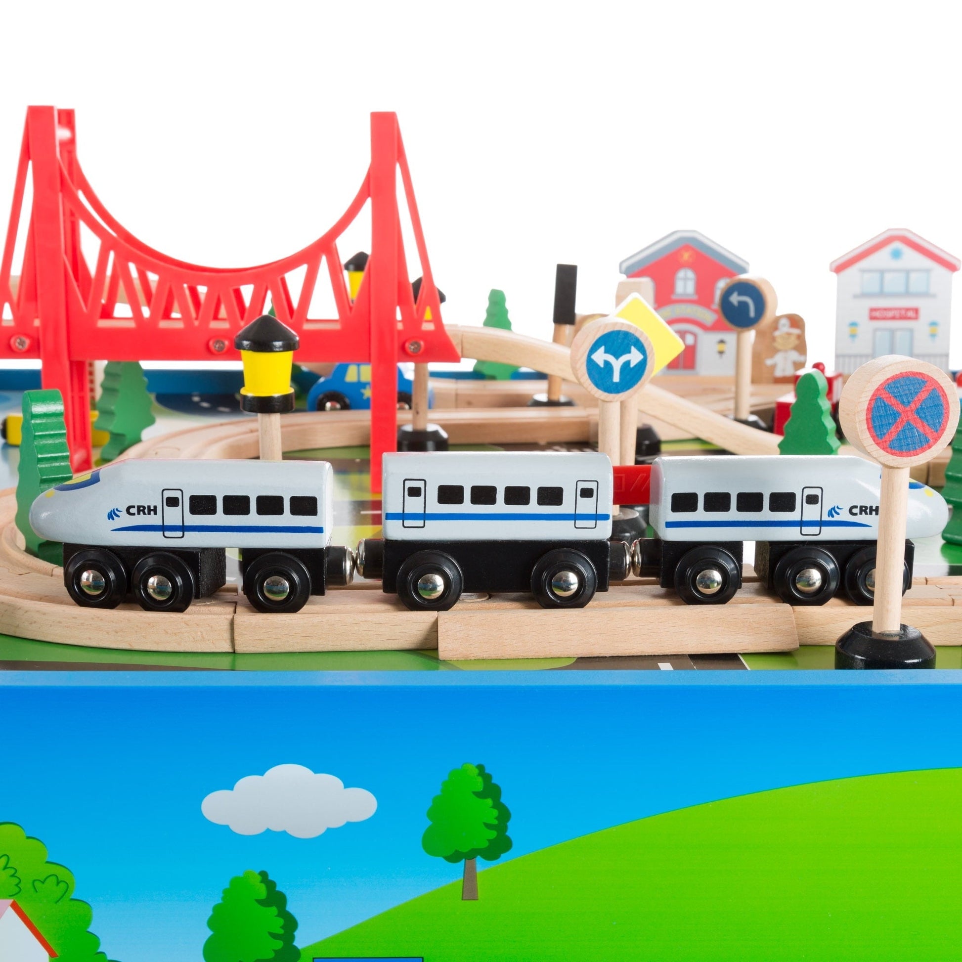 Hey Play 75-Piece Wooden Train Set with Illustrated Toy Storage Play Table