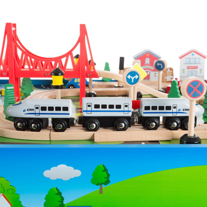 Hey Play 75-Piece Wooden Train Set with Illustrated Toy Storage Play Table