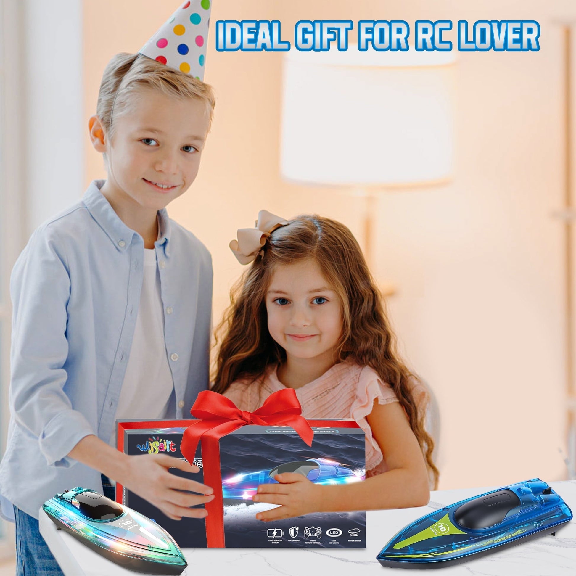 Wisairt 15Km/h Remote Control Boat with LED Lights for Pools/Lakes, 2.4GHz High Speed RC Boat with 2 Rechargeable Batteries, Perfect Summer Water Toys for Ages 10+ (Blue)