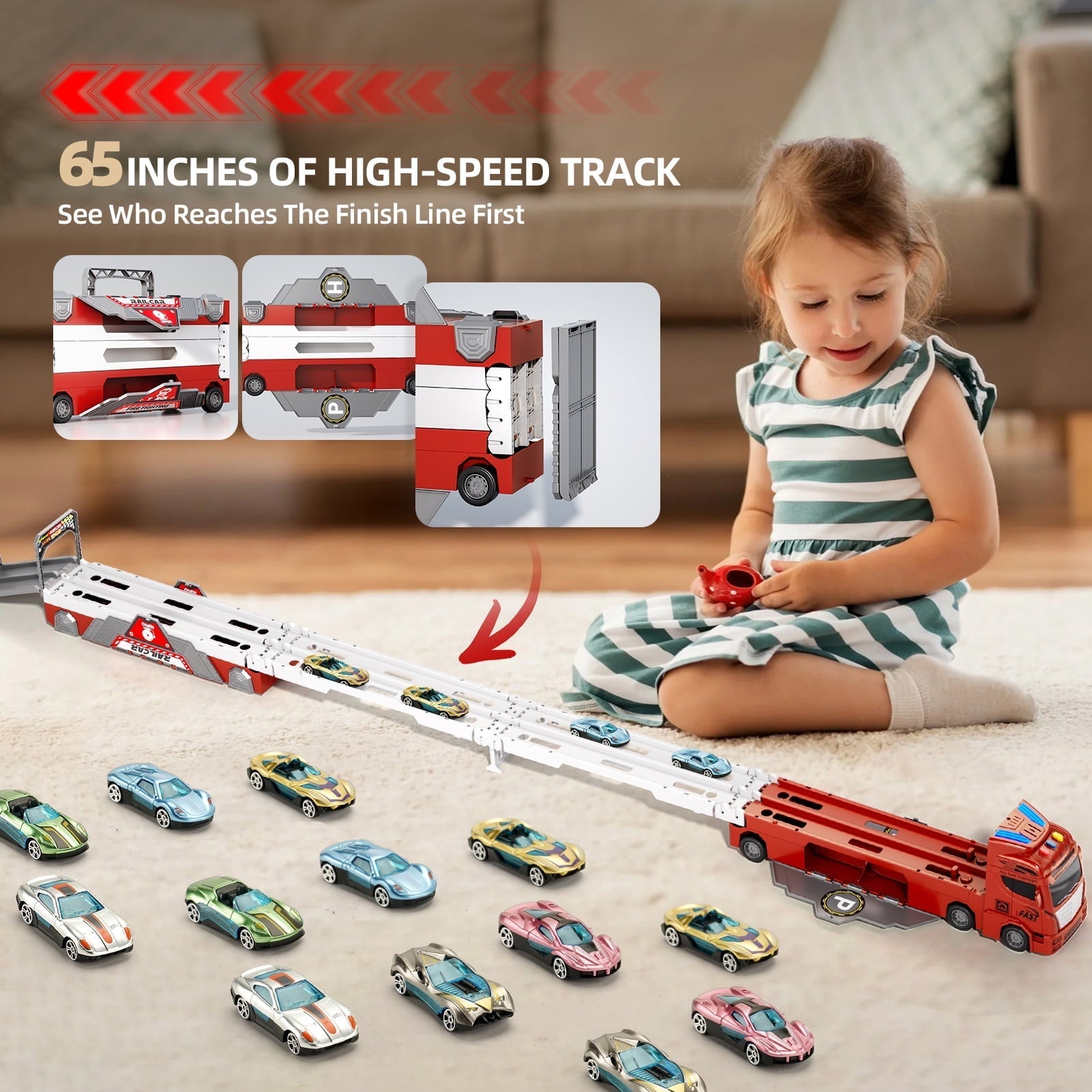Jiakora Fire Engine Transport Truck Car Toy for Kids, 3-in-1 Ejection Folding Track Toys, Portable Truck with 20 Race Cars, Best Gift for Boys Girls Kids
