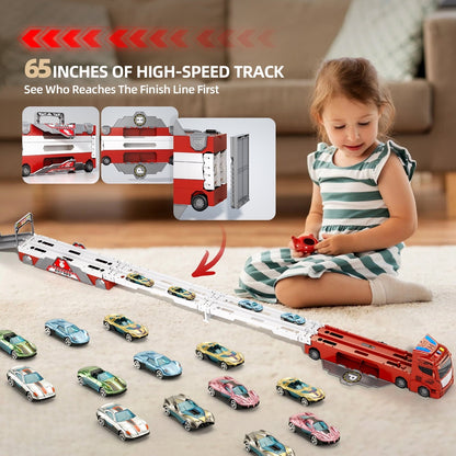 Jiakora Fire Engine Transport Truck Car Toy for Kids, 3-in-1 Ejection Folding Track Toys, Portable Truck with 20 Race Cars, Best Gift for Boys Girls Kids