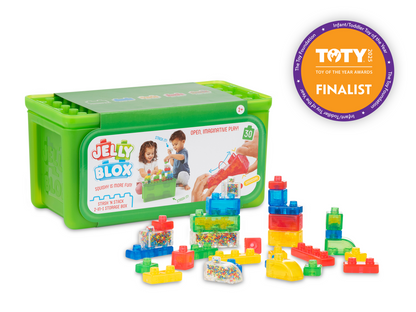 Jelly Blox - Stash & Stack 2-in-1 Storage Case by Goliath | 30 Pieces to Squeeze, Stretch, Squish | Toddler & Preschool Building Blocks | Ages 2+