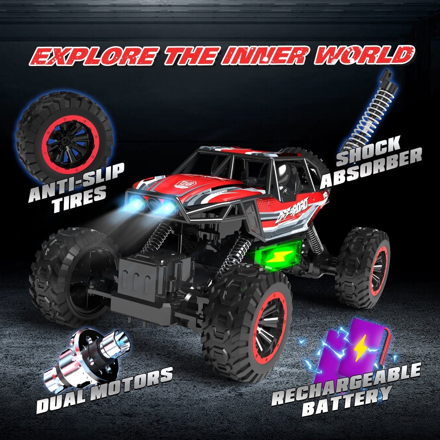 JoyStone 1:12 RC Cars 4WD Off-Road 2.4Ghz RC Monster Truck with Metal Shell and Light, Remote Control Car Crawler for Adult and Kid, 2 Batteries, Red