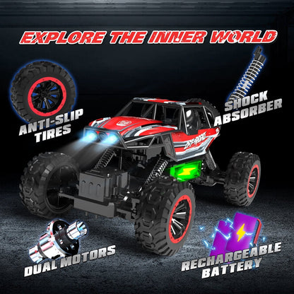 JoyStone 1:12 RC Cars 4WD Off-Road 2.4Ghz RC Monster Truck with Metal Shell and Light, Remote Control Car Crawler for Adult and Kid, 2 Batteries, Red
