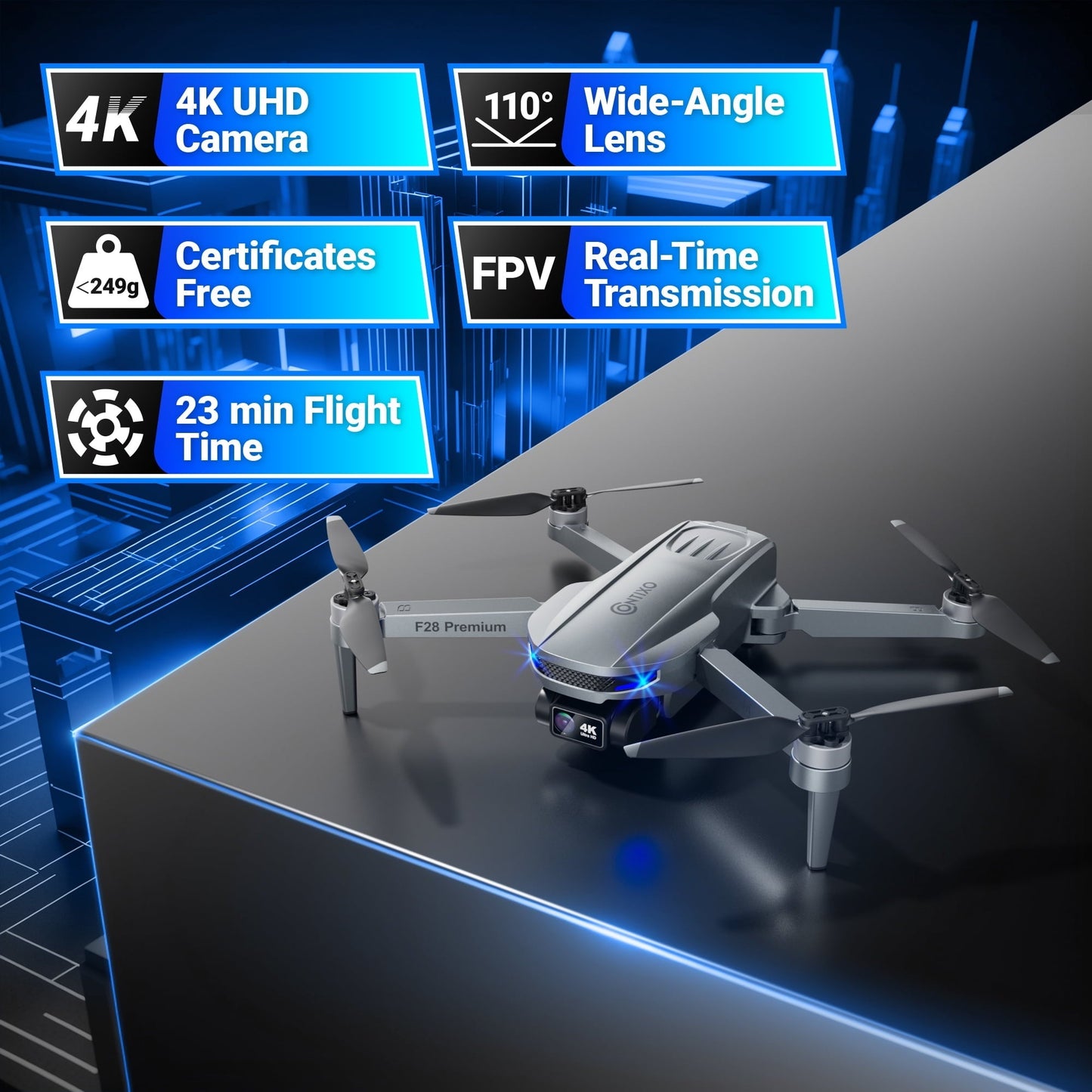 Contixo F28 Stratus Max 4K Drone, 2-Axis Gimbal with EIS, 3280ft Range, 26 Min Flight, GPS, Auto-Return, Case