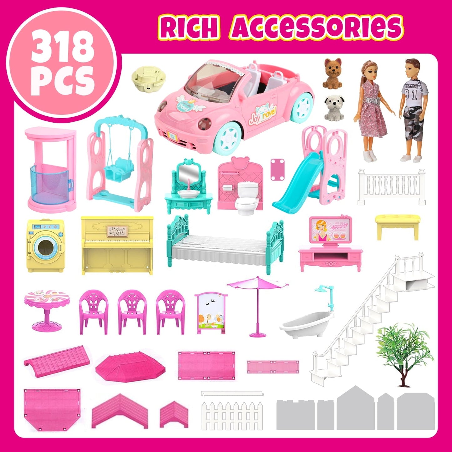 Freecat 38.5" Dollhouse for Girl, 9 Room, 2 Dolls, Elevator, Car& Furniture Accessories, Toy for Girl 3 4 5 6 7 8+ Year Old Kids, Girls Christmas Toy Gifts.(Pink)