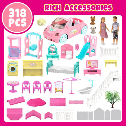 Freecat 38.5" Dollhouse for Girl, 9 Room, 2 Dolls, Elevator, Car& Furniture Accessories, Toy for Girl 3 4 5 6 7 8+ Year Old Kids, Girls Christmas Toy Gifts.(Pink)