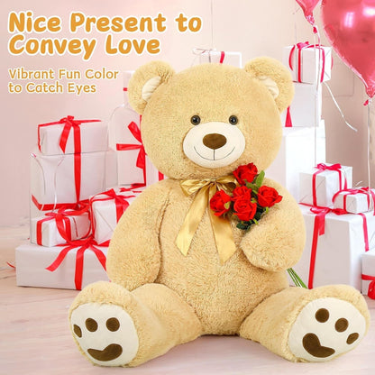 MorisMos Pink Giant Teddy Bear 35.4" Stuffed Animal Soft Big Plush Toy with Bowknot and Footprint