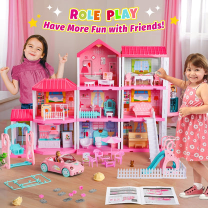 Freecat 38.5" Dollhouse for Girl, 9 Room, 2 Dolls, Elevator, Car& Furniture Accessories, Toy for Girl 3 4 5 6 7 8+ Year Old Kids, Girls Christmas Toy Gifts.(Pink)