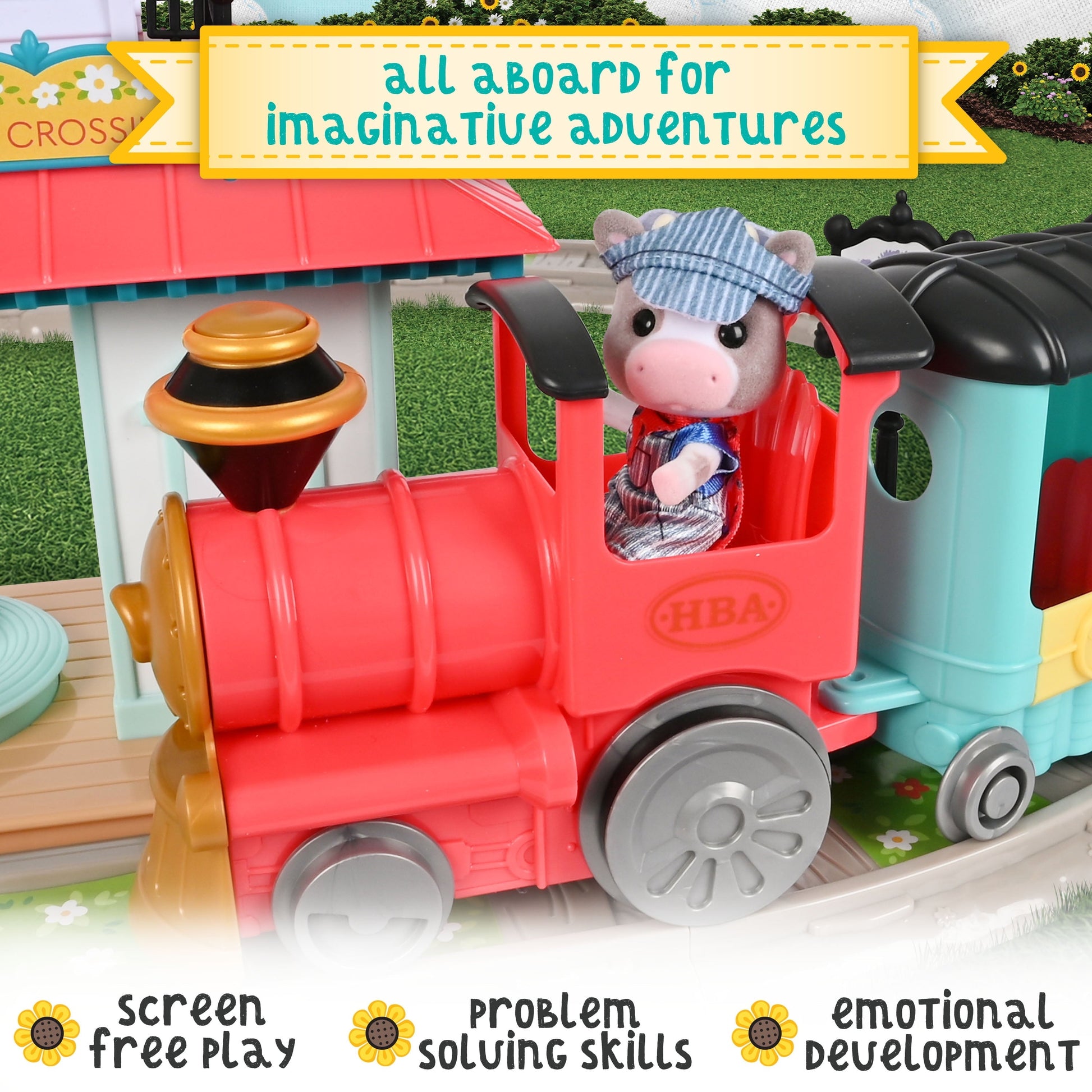 Honey Bee Acres Thistlestop Electric Train Station Set – Motorized Engine, Realistic Lights & Sounds, Poseable Cow Figure, 19 Pieces for Ages 3+
