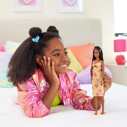 Barbie Fashionistas Doll #233 with Black Hair in Checkered Flower Midi Dress, Necklace and Sandals