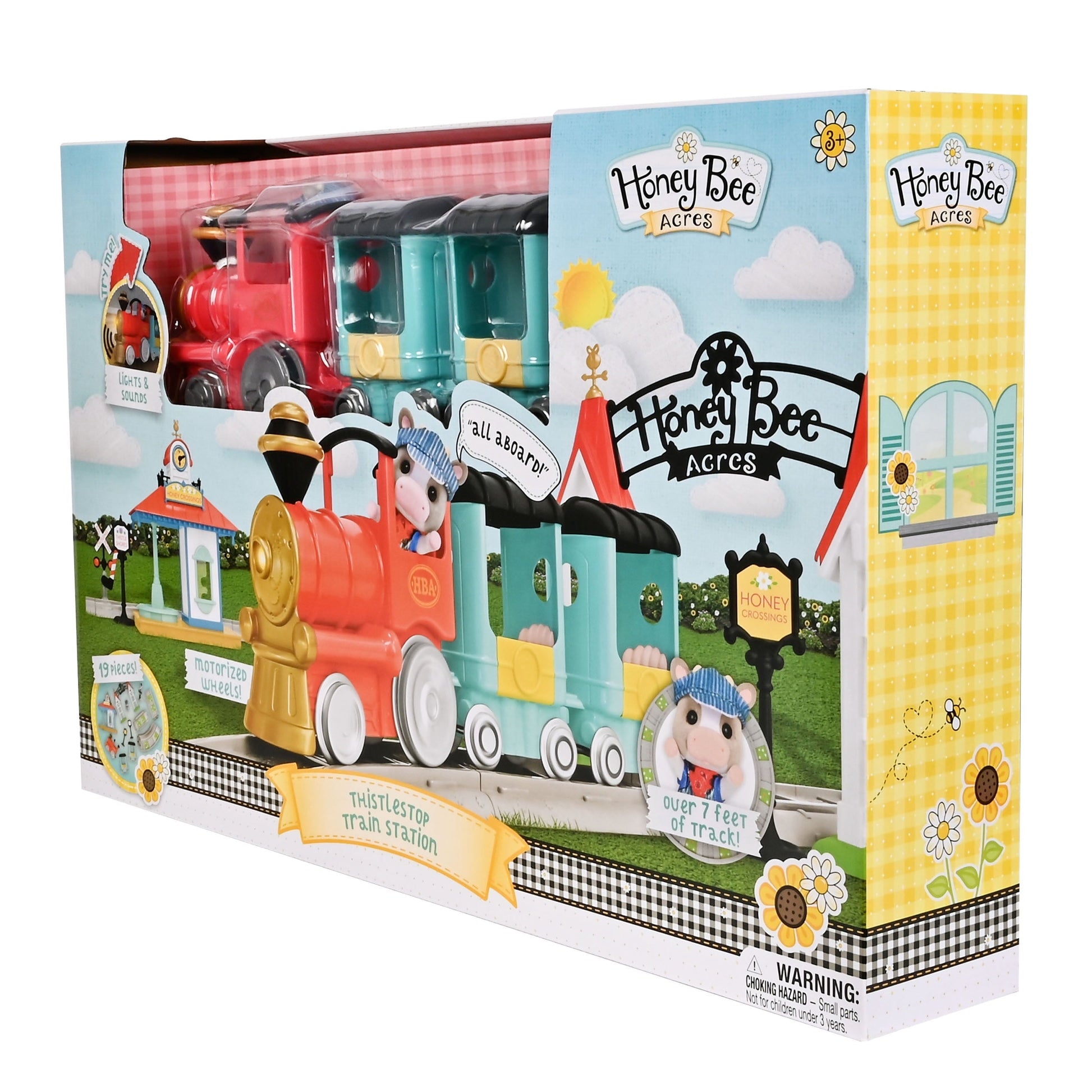 Honey Bee Acres Thistlestop Electric Train Station Set – Motorized Engine, Realistic Lights & Sounds, Poseable Cow Figure, 19 Pieces for Ages 3+