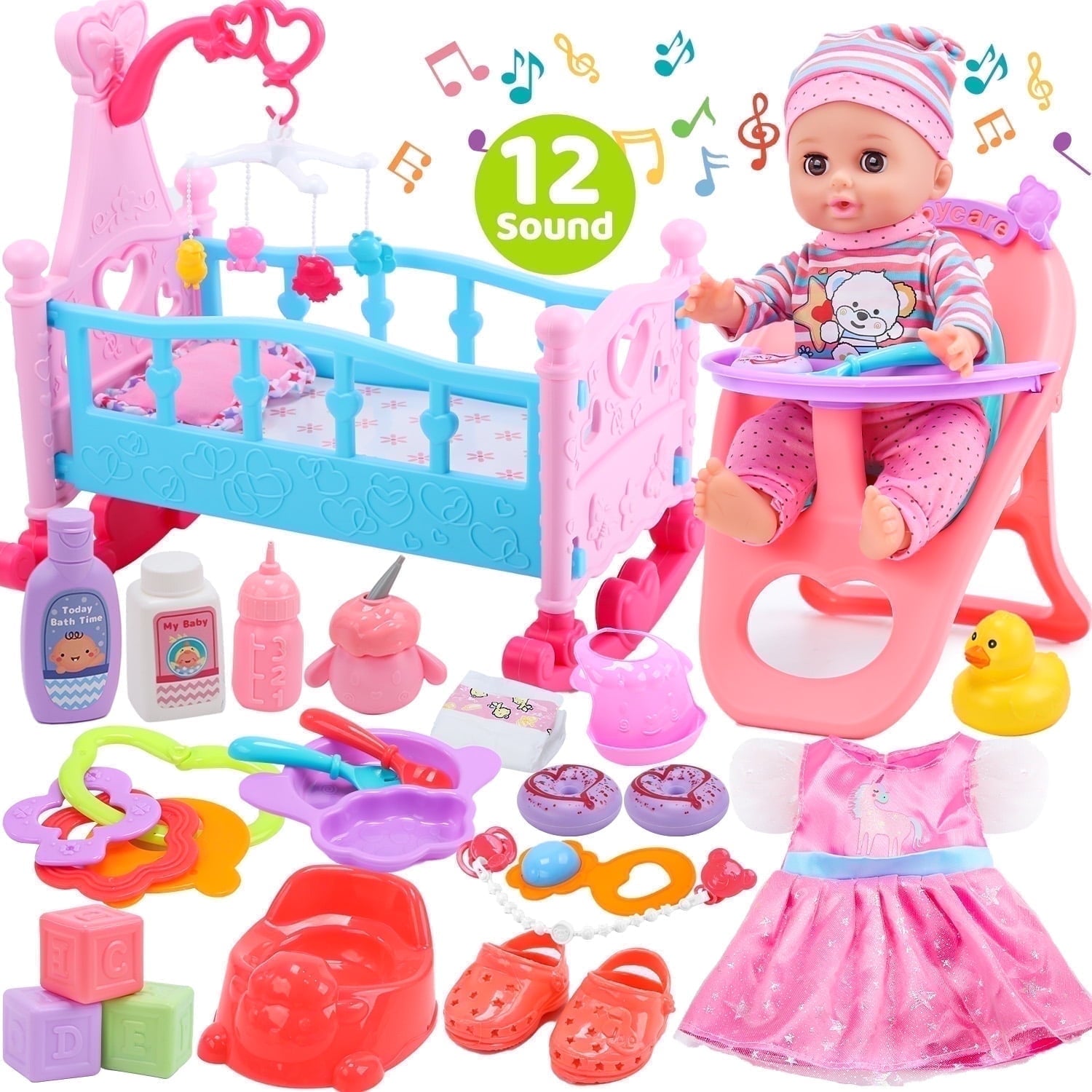 JoyStone Baby Play Set with 12.5" Doll, Crib, High Chair, 41 Pcs Accessories & 2 Outfits, Pretend Play Toys for Girls Toddlers