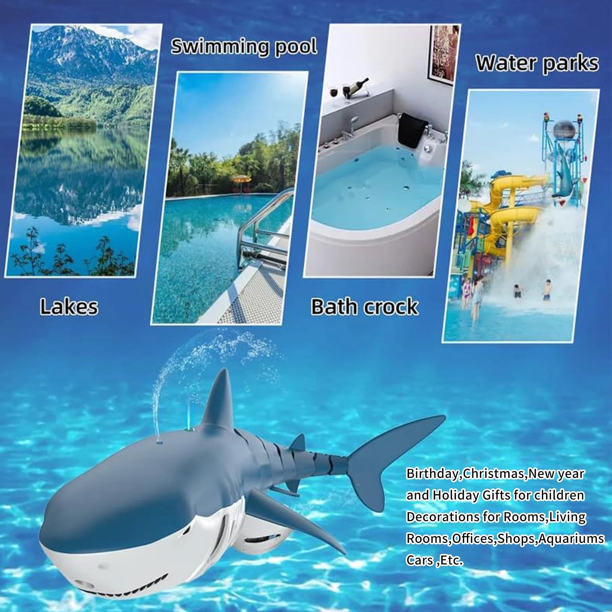 Lvelia 2.4Ghz Remote Control Shark Toys for Boys Girls,1:18 Scale High Simulation Shark for Pool, Electric RC Shark Fish Toys with Light & Spray Water Function for Kids Ages 6+,Blue