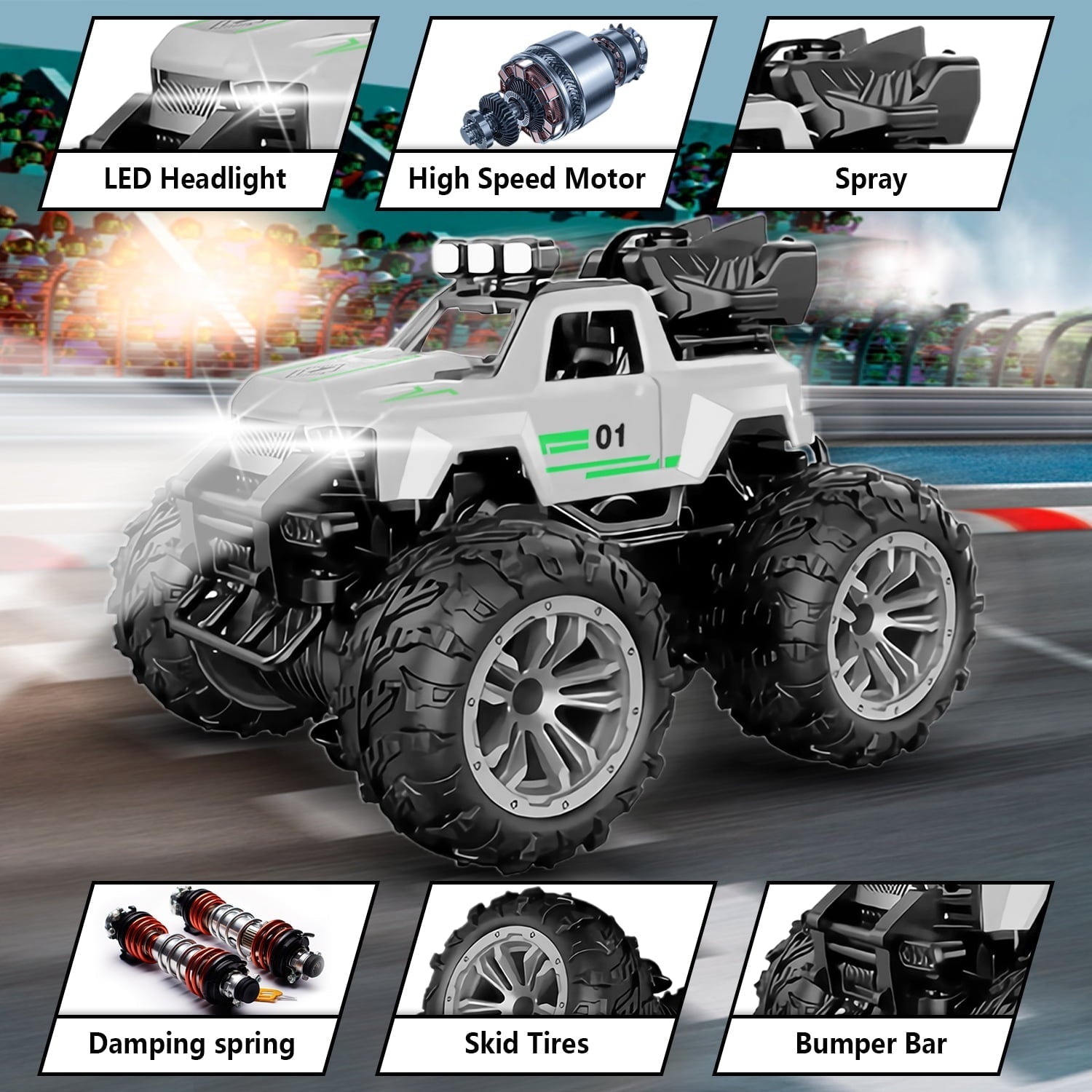 HNH Remote Control Car, 1:18 All Terrain RC Cars, 15Km/h with LedLight and Two Rechargeable Batteries, Off Road Racing Car Toys for Kids, Silver