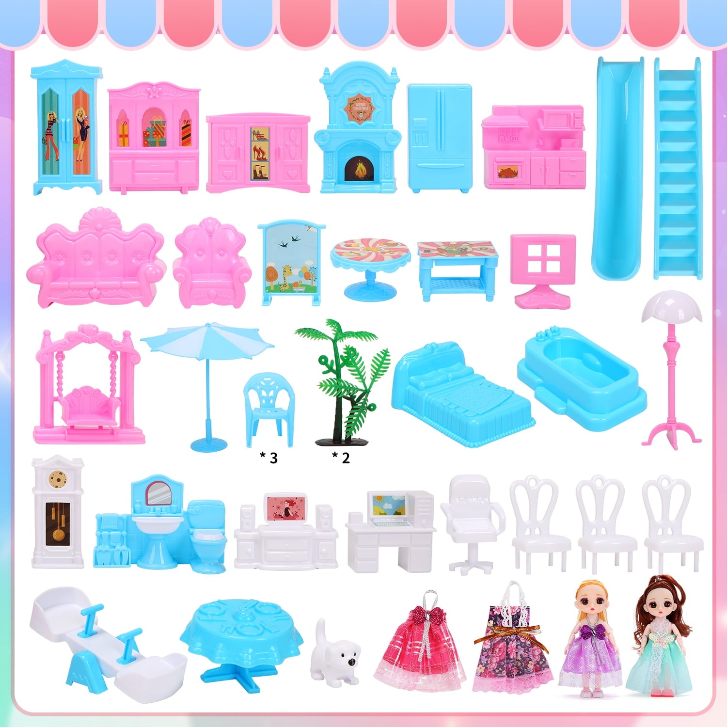 JoyStone Play Dollhouse with Doll Toy Figures, 14 Rooms Furniture and Colorful Lights, Creative Doll House Gift for Girls Ages 3+, Assemble Required, Pink