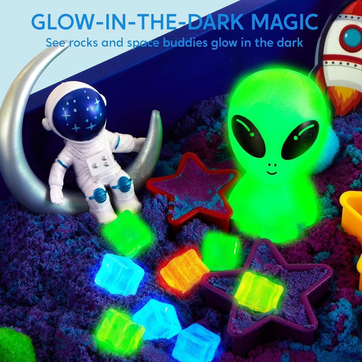 Klever Kits Sensory Bin, Outer Space Themed with Glow-in-The-Dark Alien Figure, Play Sand Toy Gifts for Boys Girls Age 3+