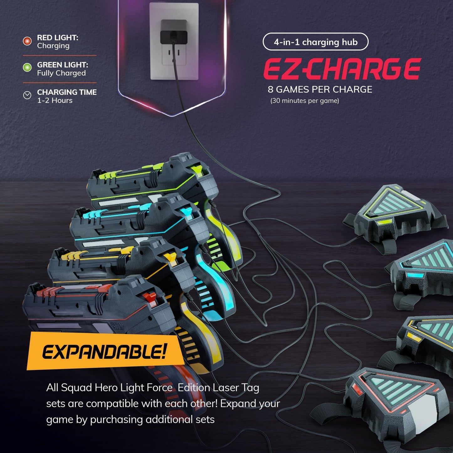 Hero Squad Rechargeable Laser Tag - 360 Sensors & LCDs - Set of 4 - Gift for Kids, Teens & Adults