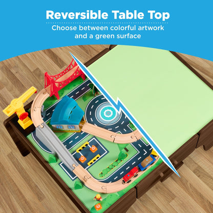 Best Choice Products Wooden Train Set Table for kids, 56pc Multi-Activity Table for Kids w/Toy Storage Drawer & Reversible Top - Walnut