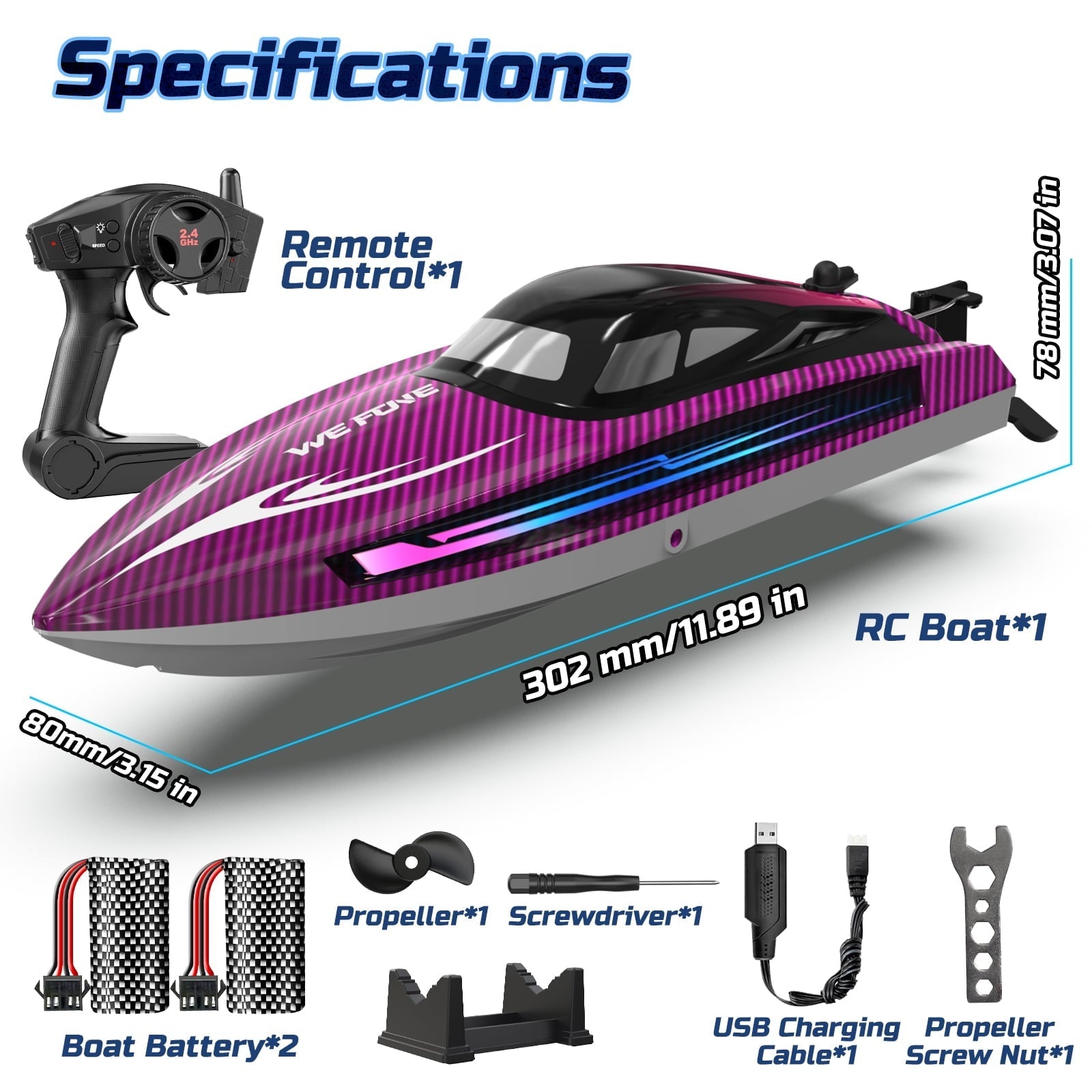 RC Boat for Adults and Kids, WeFone WF17 Remote Control Boat for Pools & Lakes, 2 Batteries, Purple